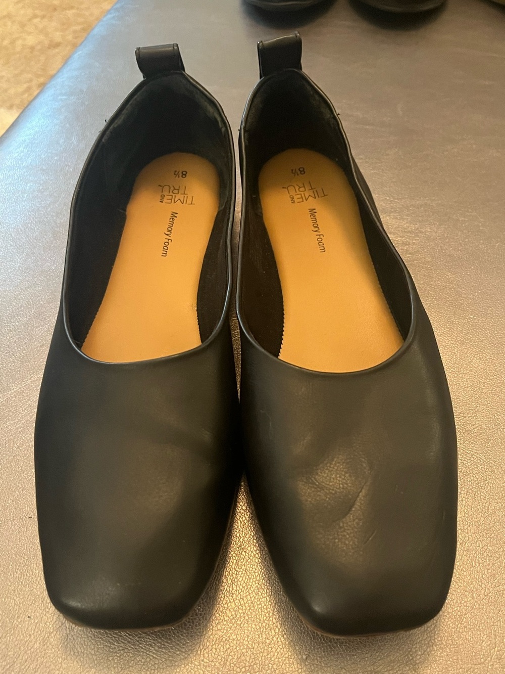 Time and Tru Black Square-Toe Slip-On Flats with Tan Insole